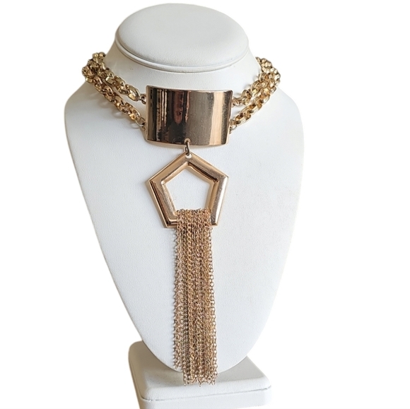 Gold Tone Double Cranky Fringe Choker Bondage Necklace - Picture 1 of 10